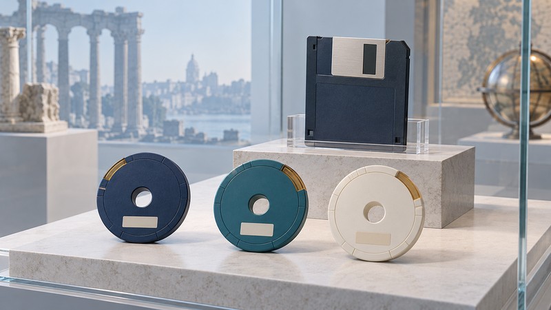 Conceptual circular USB storage tokens in three colors beside a floppy disk.