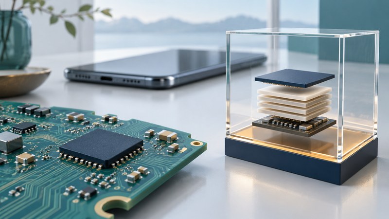 A chip on a circuit board sits beside a conceptual glass display of a controller and stacked dies.