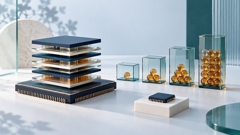 An abstract stack of chip layers stands beside glass cells and a separate controller-like package.