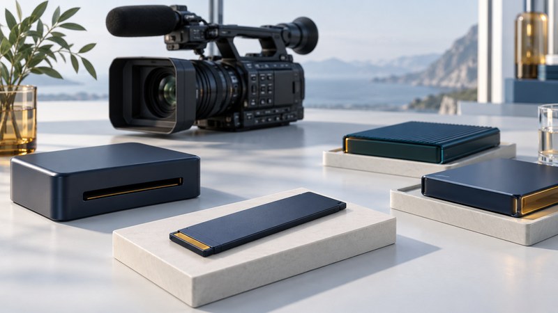 A long professional memory card sits beside a separate reader, camcorder and two destination drives.
