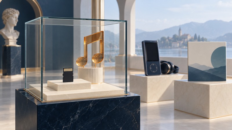 Conceptual tiny memory card displayed with an amber musical note, portable player and album tile.