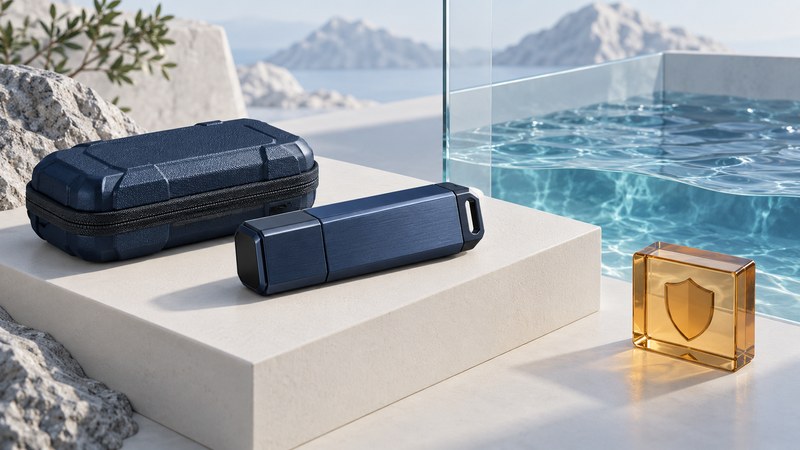 A capped USB drive rests dry on a pedestal beside a protective case and a glass divider separating it from water.
