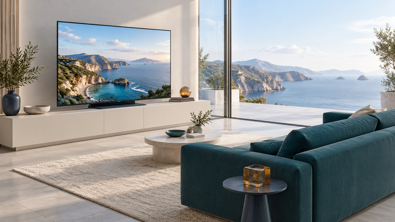 A large television on an ivory console faces a teal sofa in a bright room overlooking a coast.