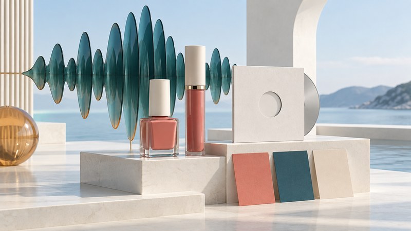 Nail-color bottles and lipsticks beside a disc and a sculptural sound wave on teal and ivory platforms.