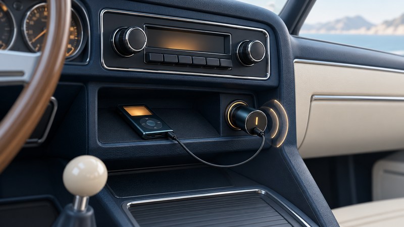 A portable player connected to an FM transmitter beneath a car radio.