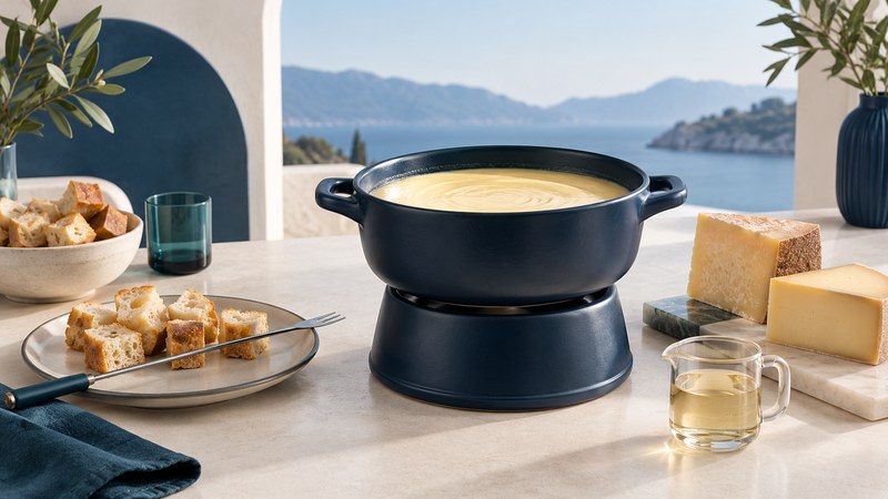 A navy fondue pot with creamy cheese, bread cubes and two firm cheese wedges.