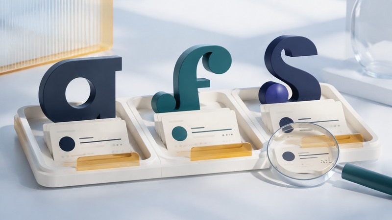 Three sculptural type forms sit in organized trays with inventory cards and an inspection lens.
