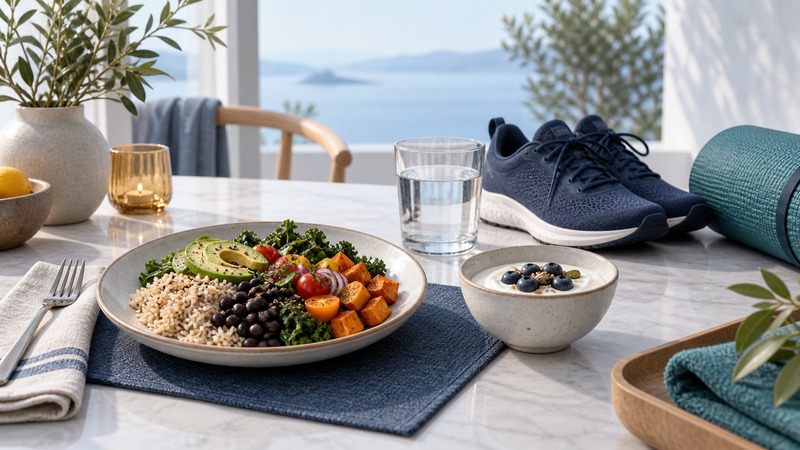 Vegetables, beans and rice, yogurt and water sit near walking shoes and a teal mat.