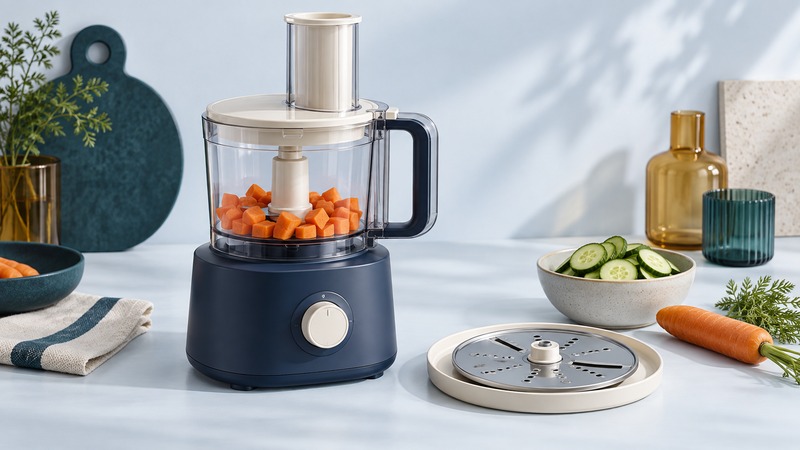 A closed navy food processor beside a slicing disc, carrot and bowl of sliced cucumber.