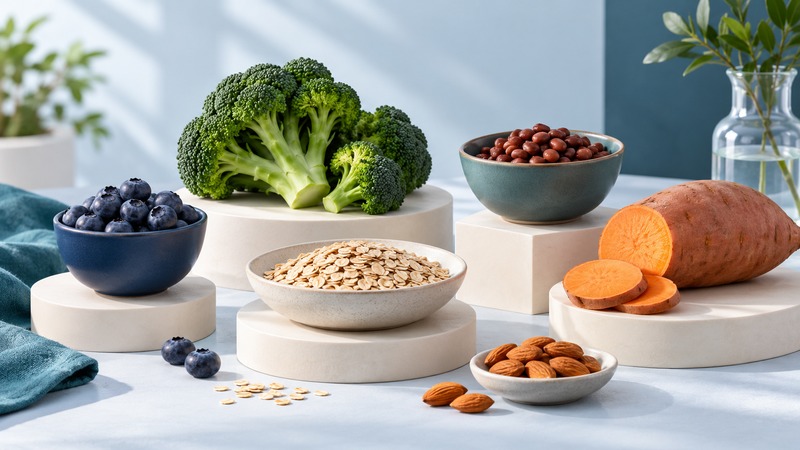 Blueberries, broccoli, oats, beans, sweet potato and almonds arranged in bowls on pale platforms.