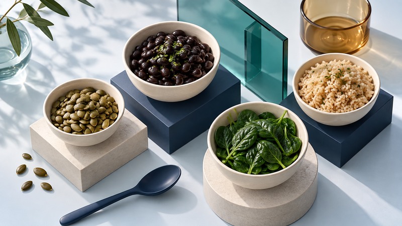 Ivory bowls of pumpkin seeds, black beans, spinach and brown rice sit on navy and ivory platforms.