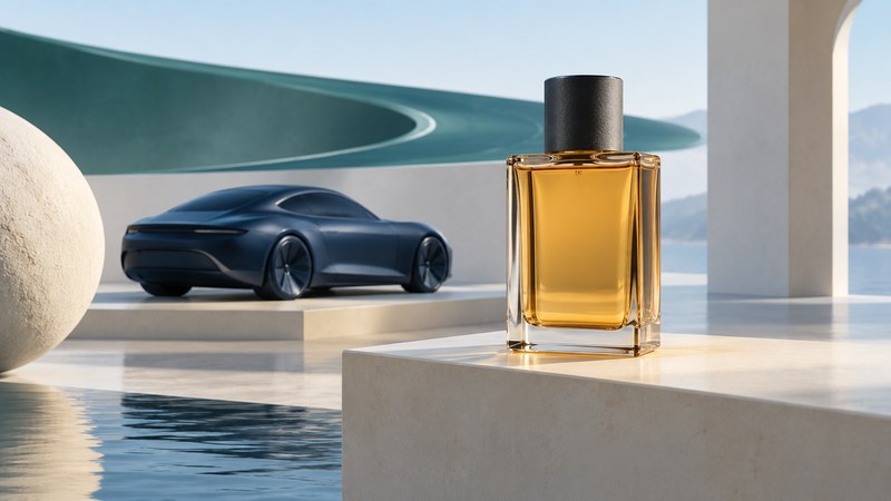 A blank amber fragrance bottle on an ivory plinth beside an abstract navy sports-car sculpture and a curved teal form.