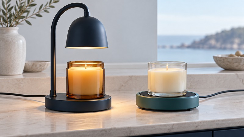 An unlit jar candle sits beneath a navy warmer lamp beside another unlit jar on a teal warming plate.