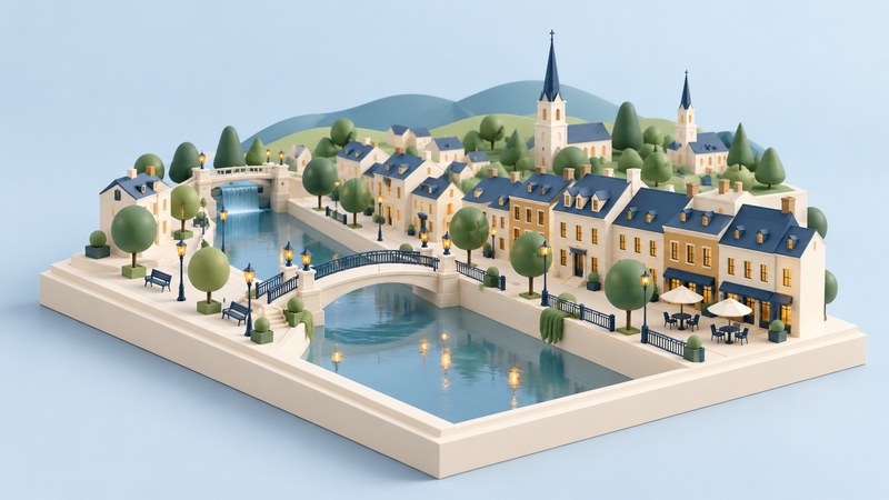 Conceptual miniature city with a creek, bridges, townhouses, church spires and distant hills.