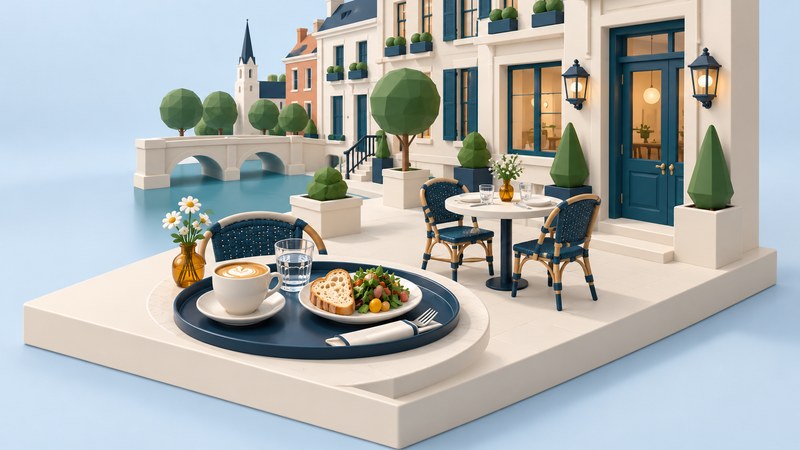 Illustrated cafe table with coffee and a meal.