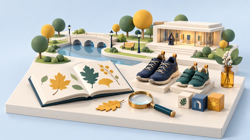 Illustrated picture book, walking shoes and arts pavilion.