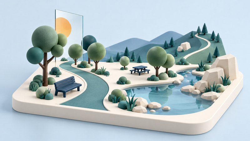 Illustrated park path, creek and wooded hills.