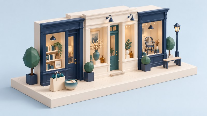 Illustrated independent shops with books, pottery and an antique chair.