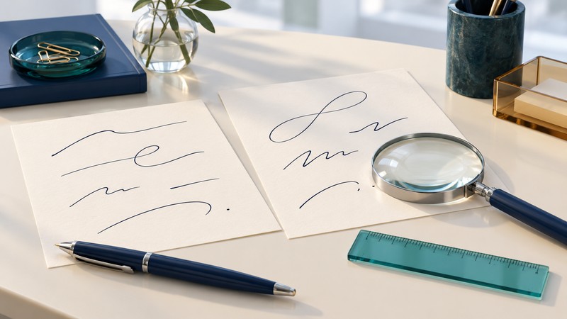 Two cream sheets with abstract ink marks beside a navy pen, magnifying glass and translucent teal ruler.
