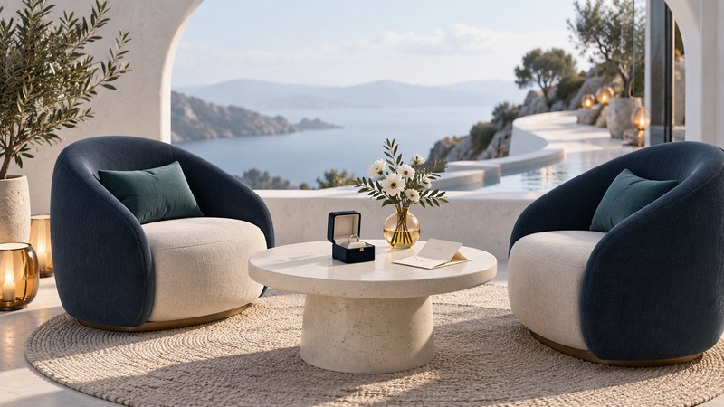 Two navy chairs beside a low table with a ring box, cream note and small vase of flowers.
