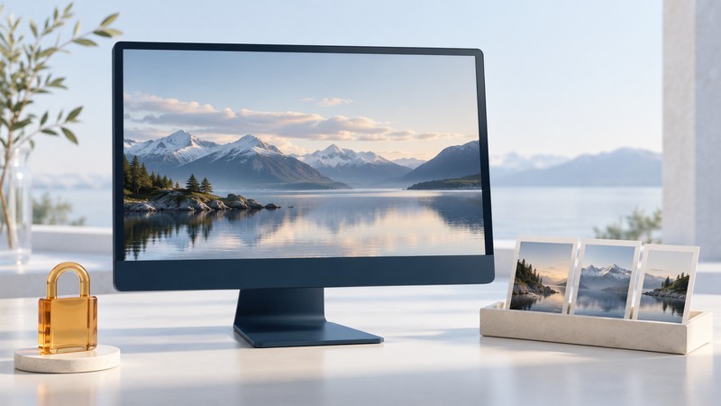 A navy monitor displays a mountain lake beside a tray of photographs and a separate amber padlock.
