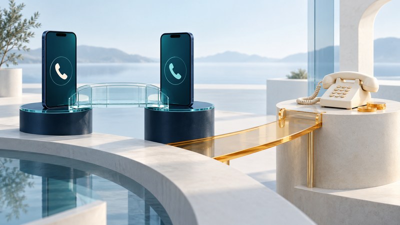 Two smartphones share a glass bridge while an amber path leads toward an ivory telephone and plain coin shapes.