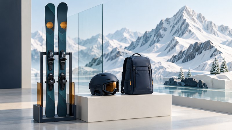 Skis, a helmet and a backpack on a display plinth beside an abstract snowy mountain.