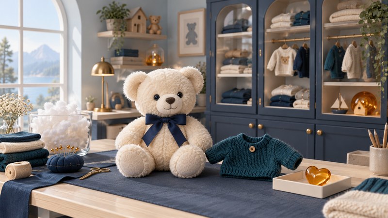 An ivory teddy bear, a small teal sweater and an amber heart on an illustrated toy-workshop bench.