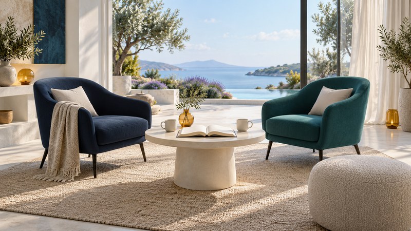 Two navy and teal chairs face a table with an open book and two cups.