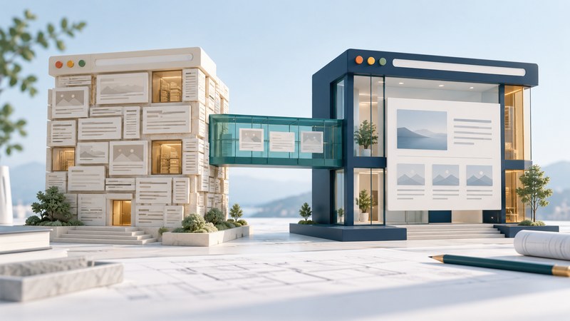Two architectural browser panels connected by a teal bridge on a planning desk.