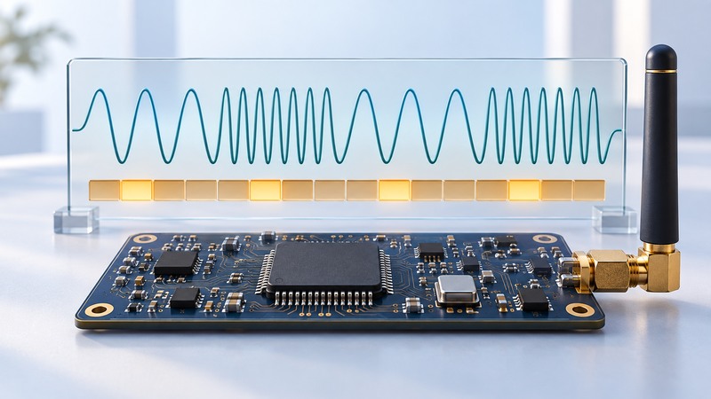 A conceptual radio board in front of a glass panel showing alternating wider and tighter waveform cycles.