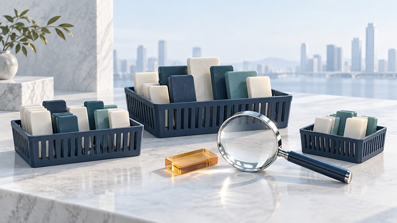 Three navy baskets contain different assortments of ivory and teal constituent tiles beside a glass lens and an amber tile.