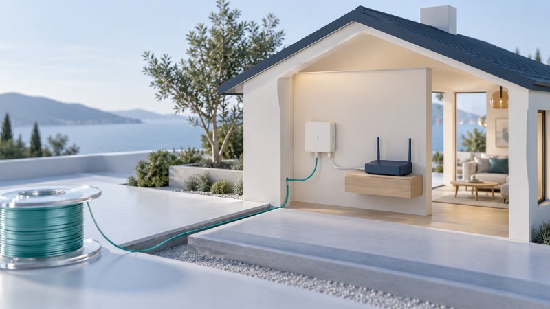 A cutaway ivory house shows a wall-mounted optical terminal connected to a separate navy router.