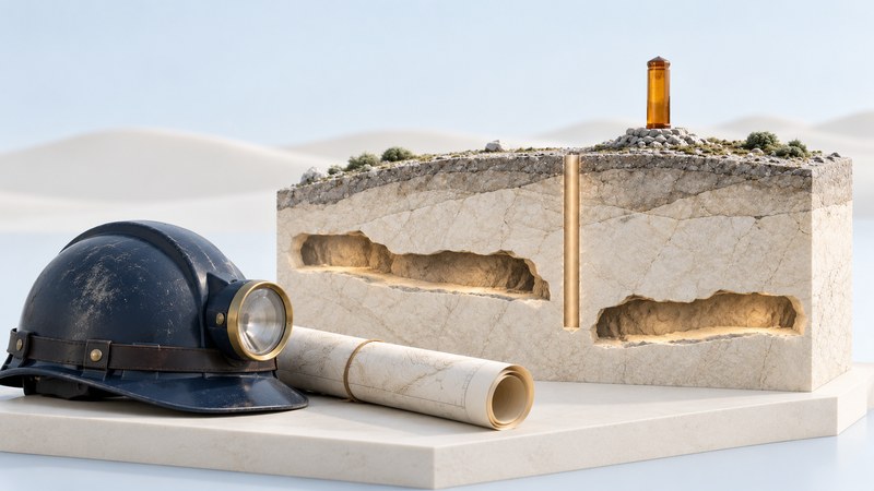 A conceptual geological cross-section beside a miner's helmet, survey map and amber marker.