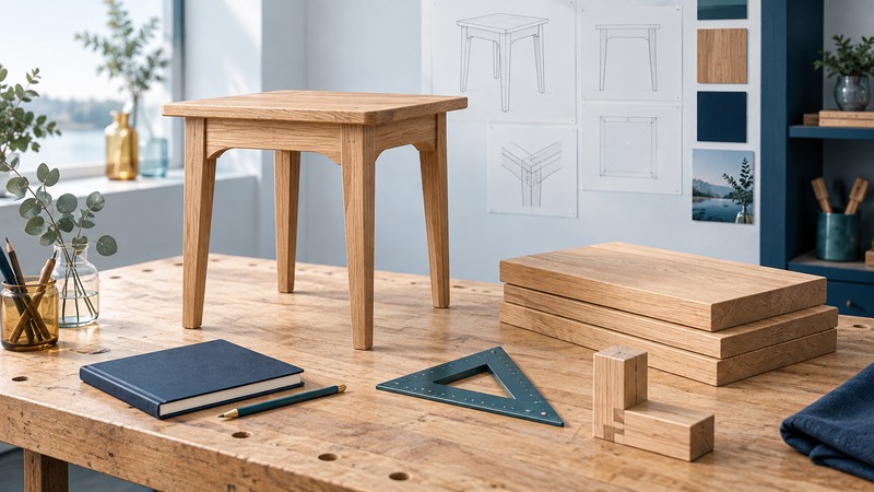 A small wooden side table stands on a workbench beside boards, a square, a notebook, and a separate joint sample.