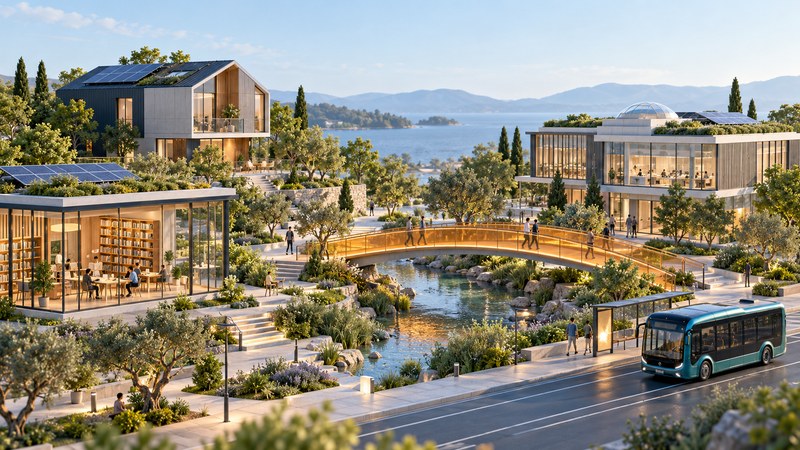 Homes, a learning space and a research building connect through paths and an amber bridge beside a bus route.