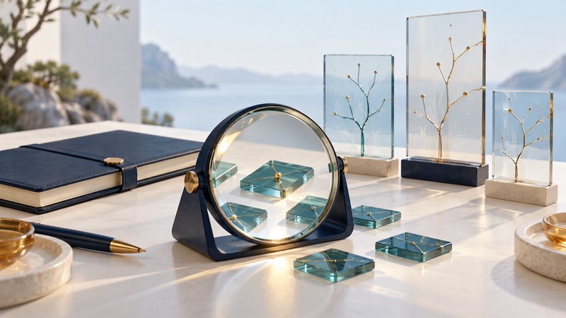 A magnifying lens examines teal tiles beside a notebook and glass panels with branching lines.