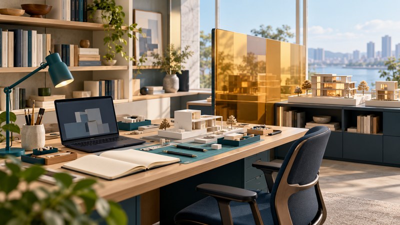 A laptop, open notebook and architectural models share a desk in a sunlit learning studio.