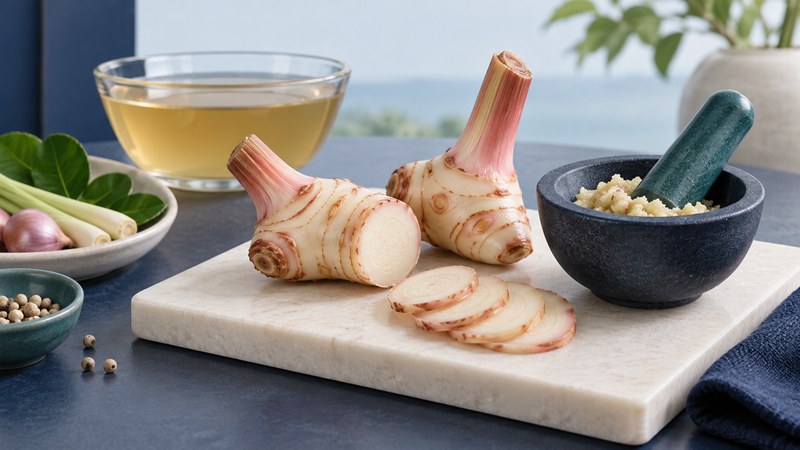 Pale pink-ringed galangal rhizomes and ivory slices on a board beside a mortar of paste and a bowl of broth.