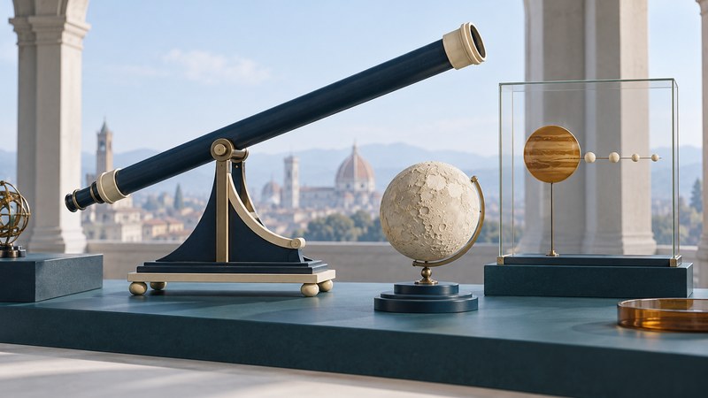 A long telescope stands beside a Moon globe and a model of Jupiter with four satellites.