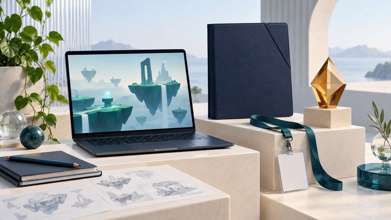 A laptop showing a simple game scene sits beside a portfolio, blank conference badge and geometric trophy.