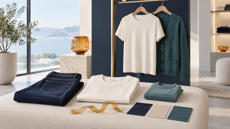 Folded navy jeans, ivory tees and a teal sweater beside fabric swatches and a measuring tape.