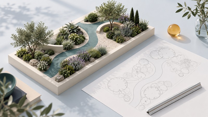 A miniature garden model sits beside a planting sketch and drawing tools.