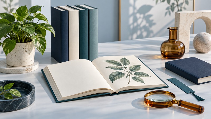 Plain gardening books, an open botanical drawing and a notebook sit beside a plant.