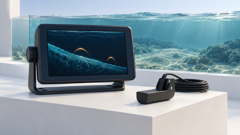 An unbranded sonar display and separate transom transducer sit on a pale plinth before a water cutaway.