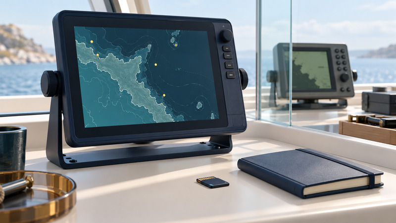 A navy chartplotter, memory card and notebook sit in front of a smaller older display.