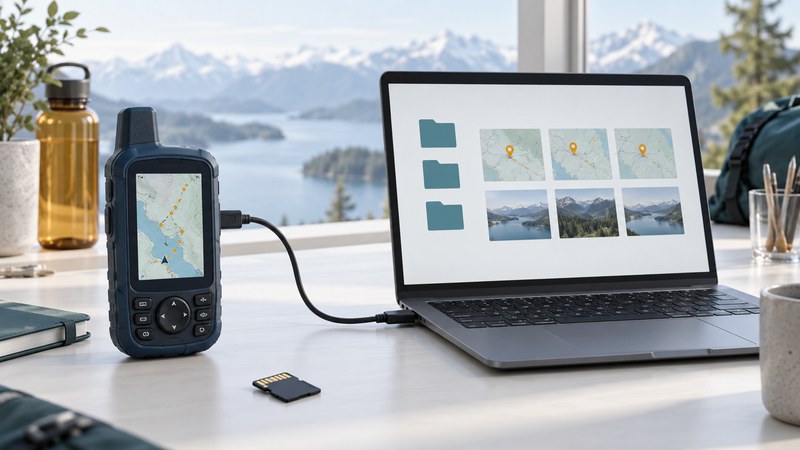 A handheld receiver connects by cable to a laptop displaying map files, with a memory card nearby.