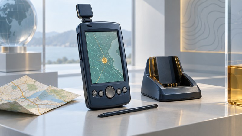 A conceptual early PDA with flip-up antenna stands beside a docking cradle, stylus and folded map.