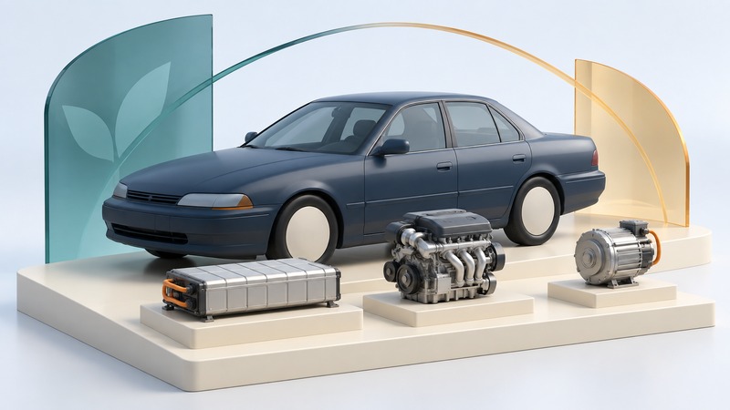 A streamlined sedan model with separate battery, engine and electric-motor exhibits beneath teal and amber arcs.
