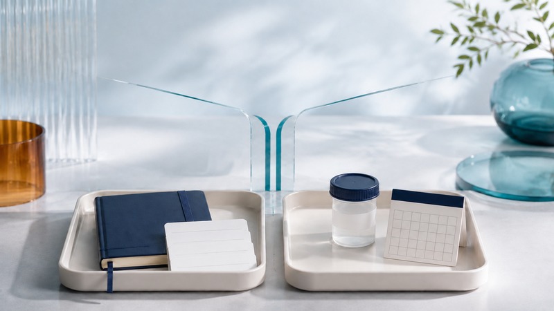 Two ivory trays hold an appointment notebook and a closed sample container beneath branching teal paths on glass.